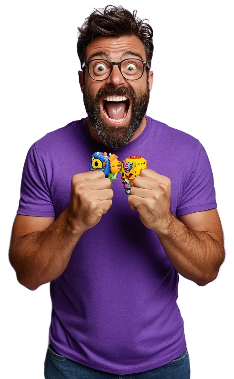 excited man holding toys